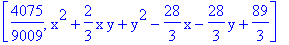 [4075/9009, x^2+2/3*x*y+y^2-28/3*x-28/3*y+89/3]